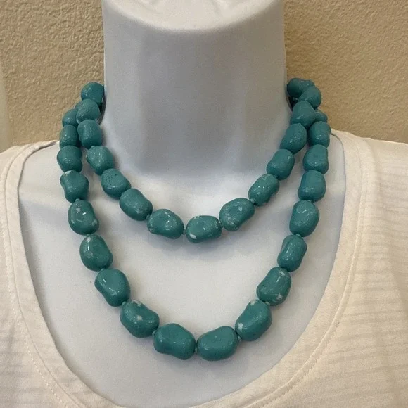 KJL Kenneth Jay Lane Aqua Blue Green Color Necklace Jewelry Signed 35" Czech - Picture 1 of 9